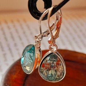 2/$20 Silver Tone and Aqua Blue Crystal  Tear  Drop Style Earrings